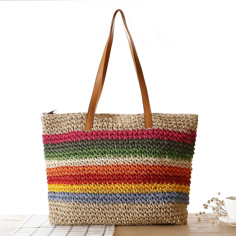 Rainbow Contrast Stripe Straw Shoulder Bag Beach Forest Women's Casual Handbag