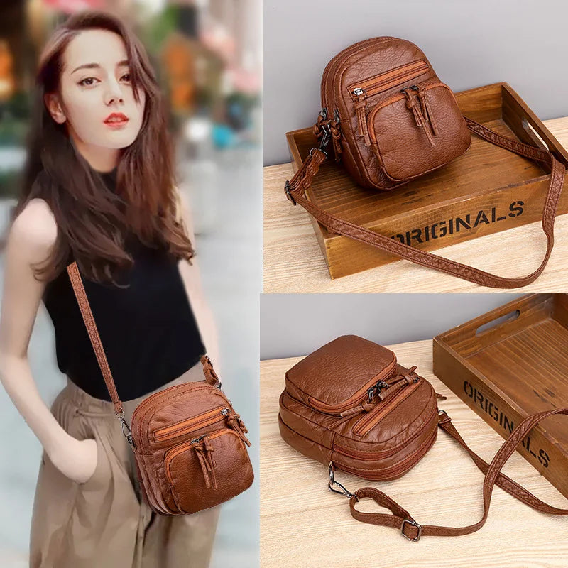 Women's Small Leather Shoulder Bag Multi-layer Phone Bag