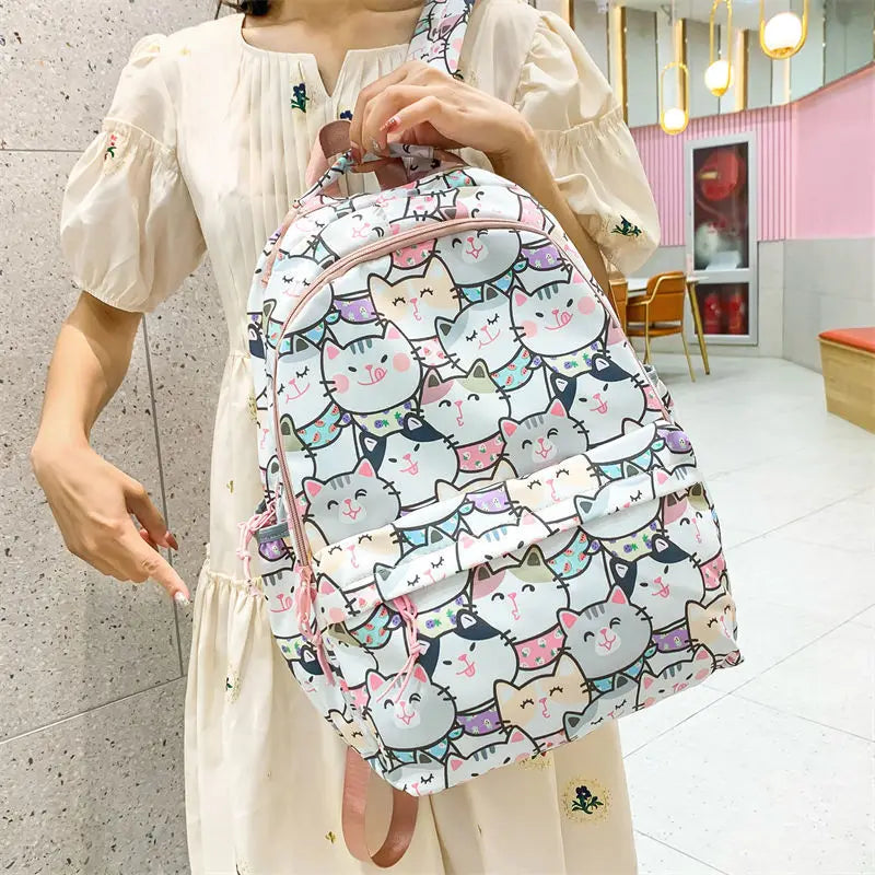 Girls' Waterproof Schoolbag with Cat Printing