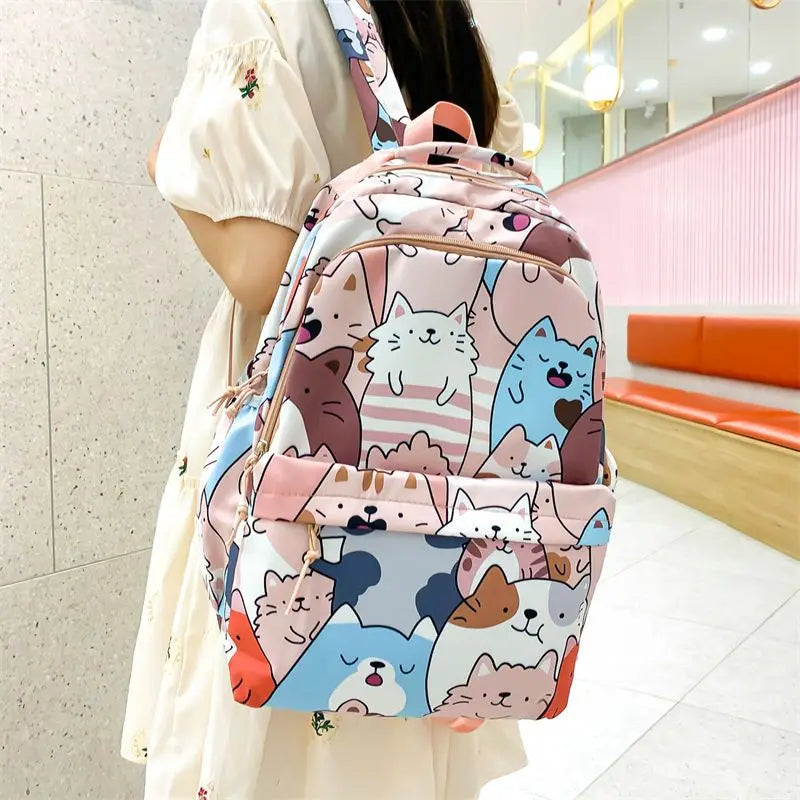 Girls' Waterproof Schoolbag with Cat Printing