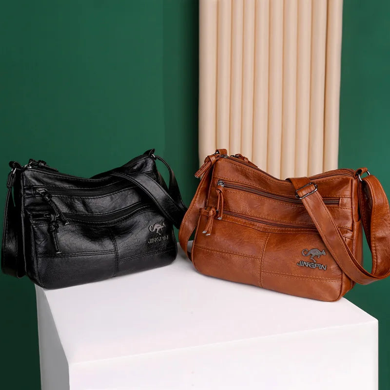 Soft Leather Retro Shoulder Bag Crossbody Large Capacity Multi-Pocket