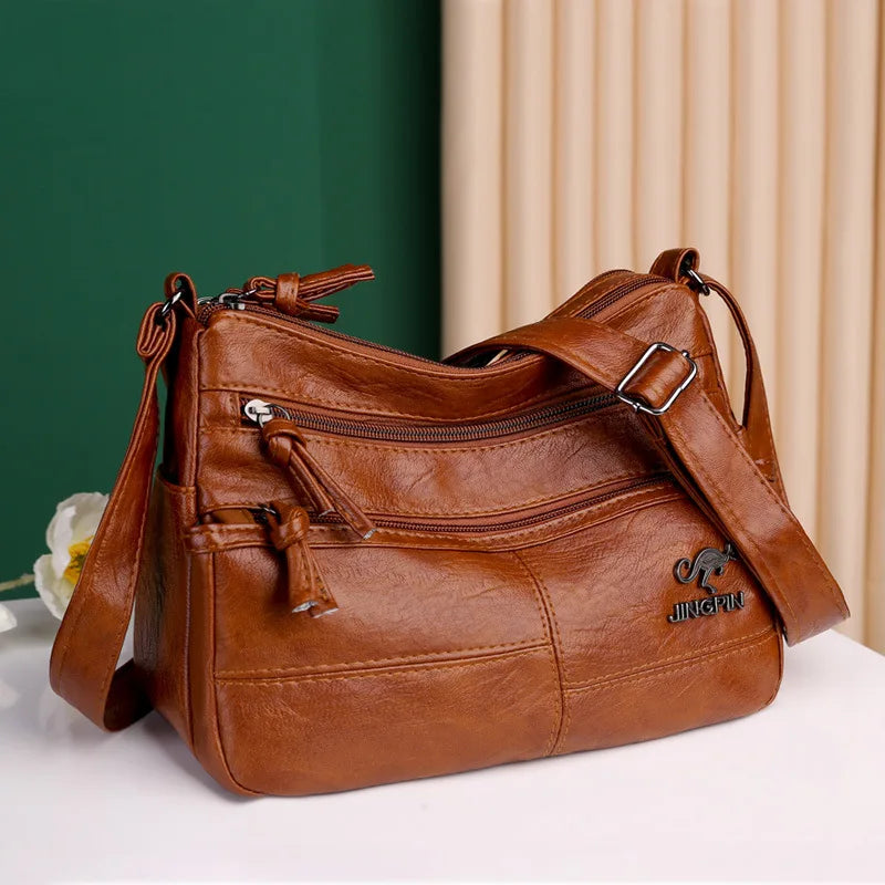 Soft Leather Retro Shoulder Bag Crossbody Large Capacity Multi-Pocket