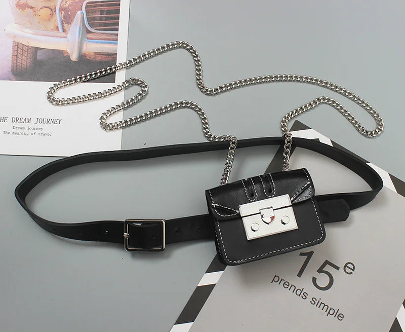 Silver Green Mini Flap Waist Bag PU Leather Chain Crossbody Lipstick