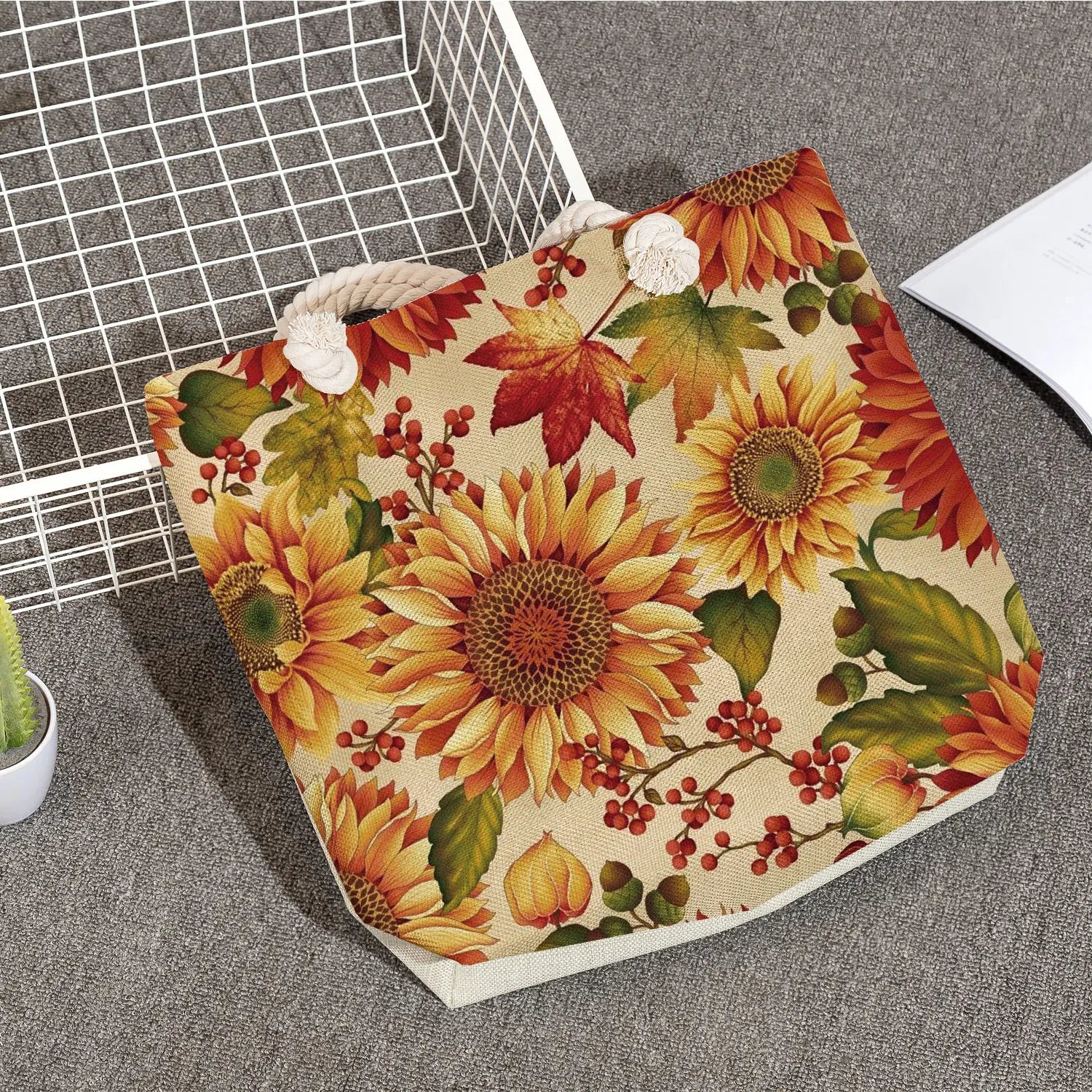 Eco Reusable Foldable Shopping Bag Sunflower Print Handbag For Women