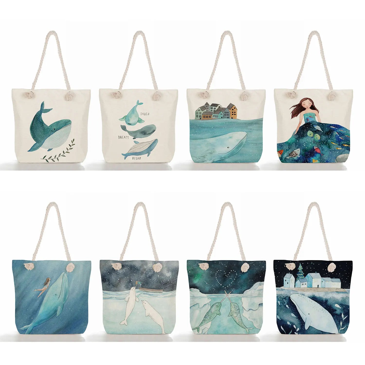 Girl Whale Sea Linen Totes Shoulder Bag