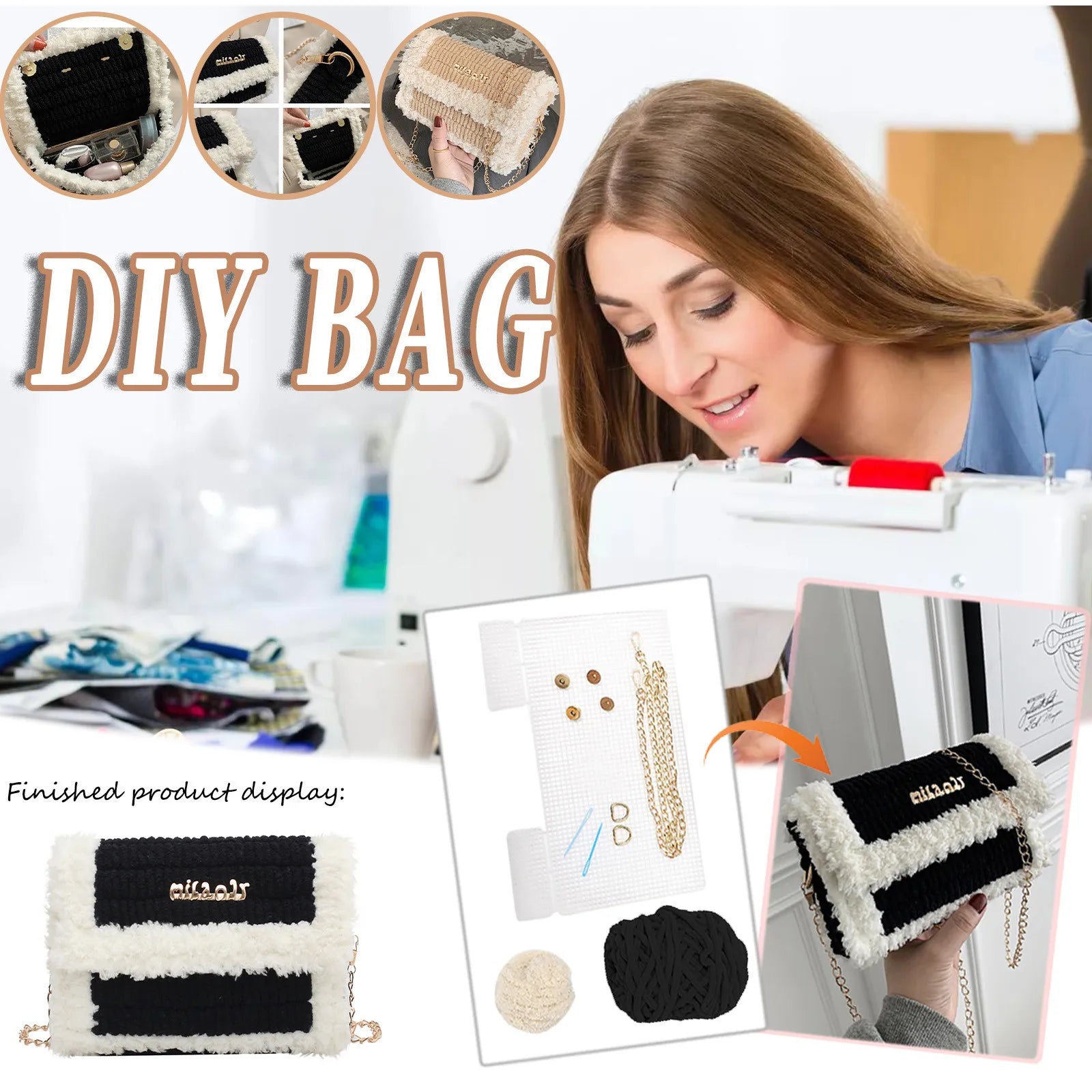 Wool Women's Chain Tote Handbag Shoulder Bag Purses DIY