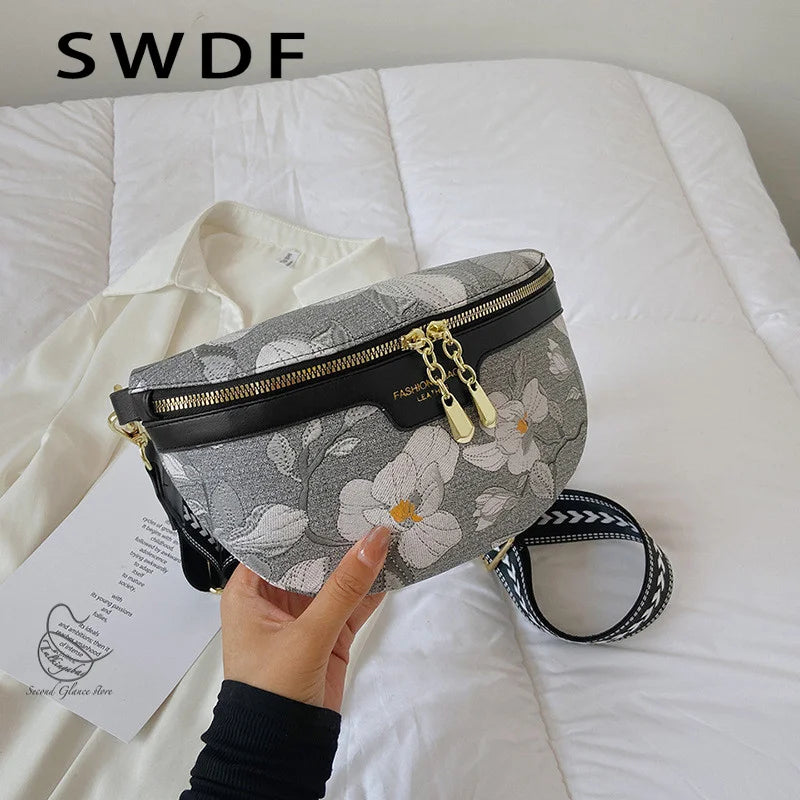 Flower Printed PU Leather Waist Bags For Women Chain Zipper Waist Pack