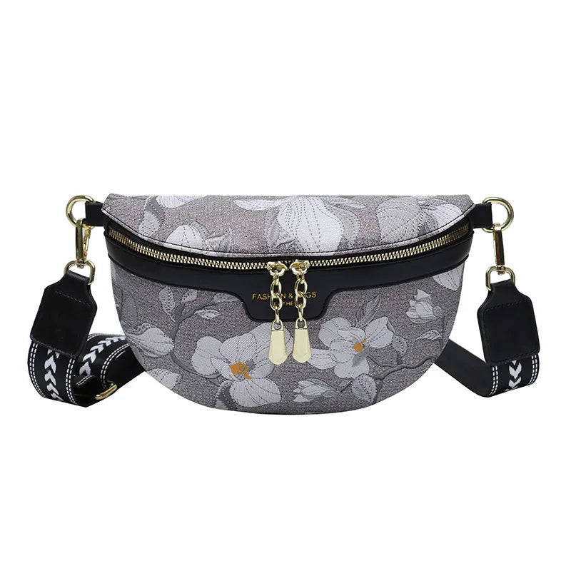 Flower Printed PU Leather Waist Bags For Women Chain Zipper Waist Pack