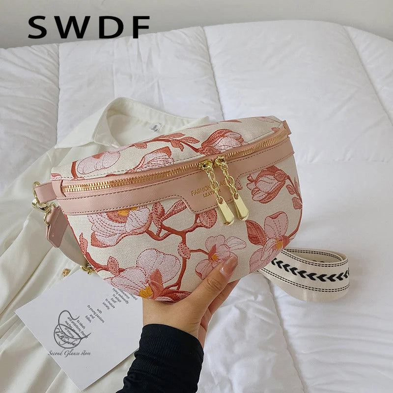Flower Printed PU Leather Waist Bags For Women Chain Zipper Waist Pack