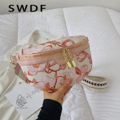 Flower Printed PU Leather Waist Bags For Women Chain Zipper Waist Pack
