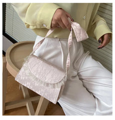 Embossed Lace Up Bow Handle Women Shoulder Bag
