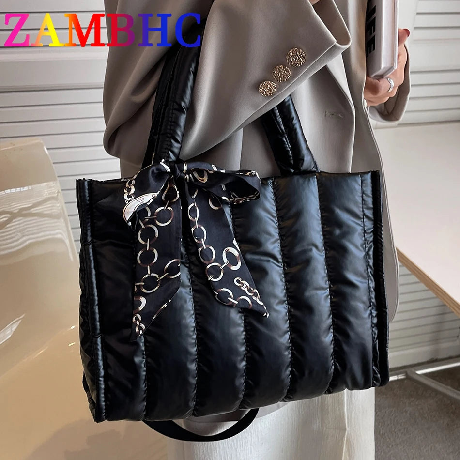 Quilted Padded Winter Totes Bag Down Fabric Cotton Shoulder Crossbody Bags