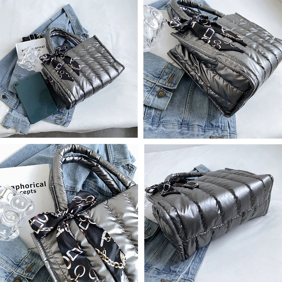 Quilted Padded Winter Totes Bag Down Fabric Cotton Shoulder Crossbody Bags