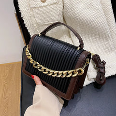 Women's Plicated Stripe Leather Shoulder Bag Top Handle Totes