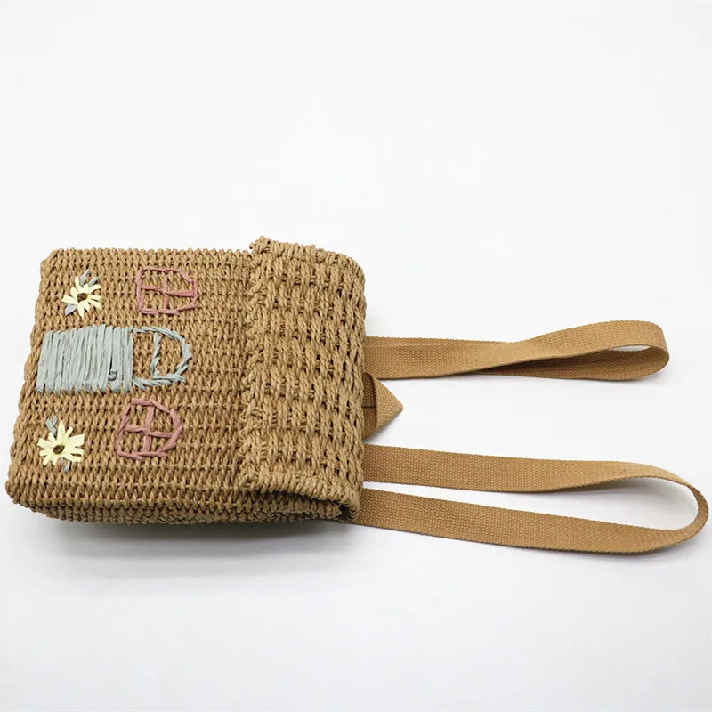 Embroidered Style Straw Bag with Hand Woven Backpack