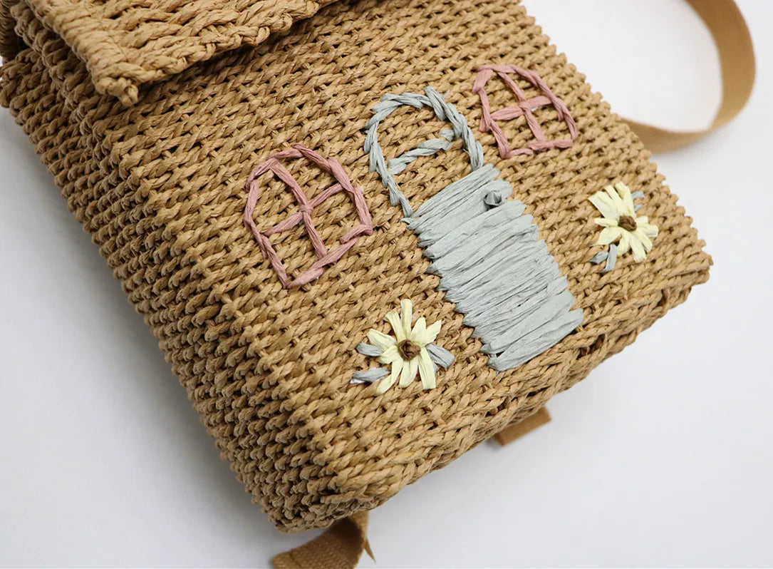 Embroidered Style Straw Bag with Hand Woven Backpack