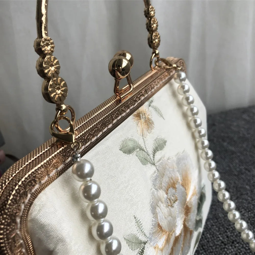 Embroidery Rose Flowers Beads Bag Women Shoulder Tote Handbags