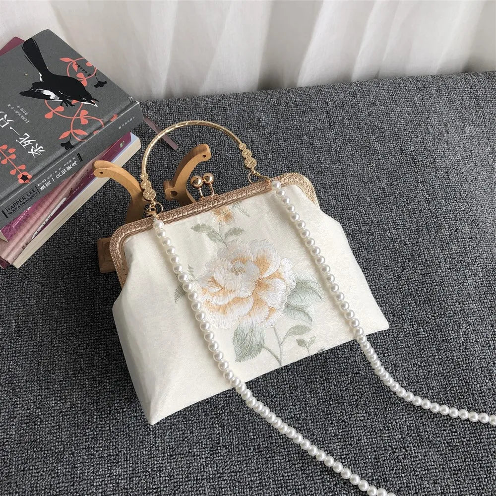 Embroidery Rose Flowers Beads Bag Women Shoulder Tote Handbags
