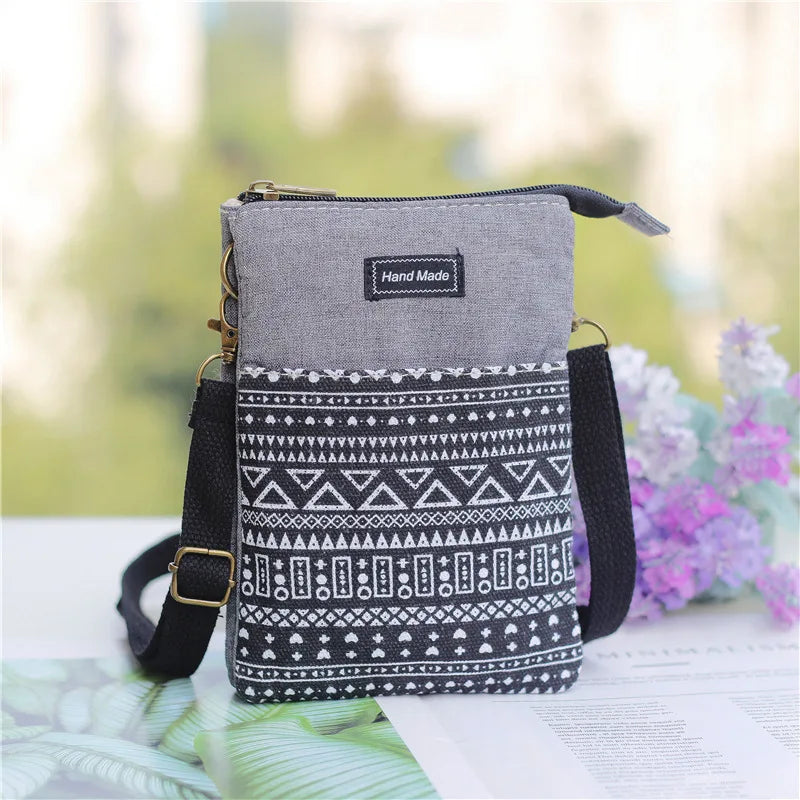 Ethnic Style Large Screen Women Mobile Phone Bag Canvas Multi-layer