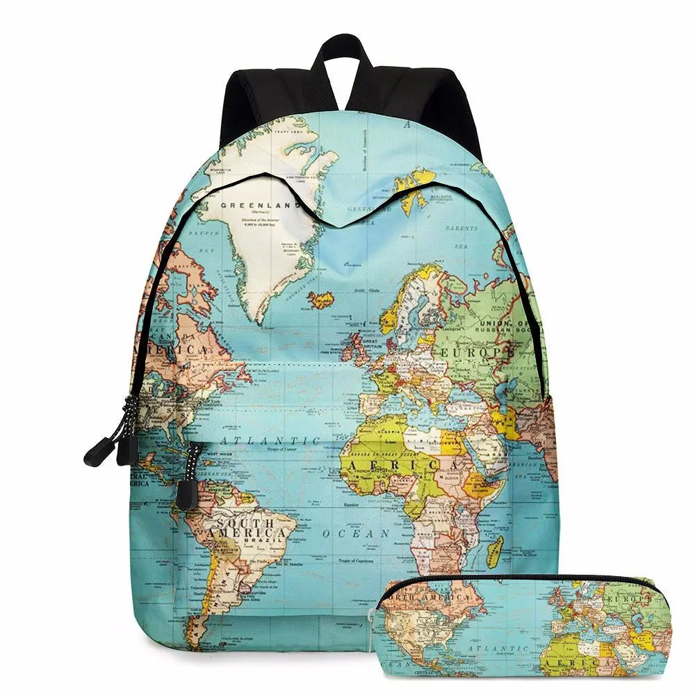 Europe & America Map School Bags for Girls Waterproof Bookbag