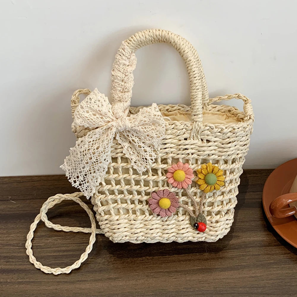 Lace Bow Flower Straw Handbag Women Shoulder Bags Messenger Bag Purse