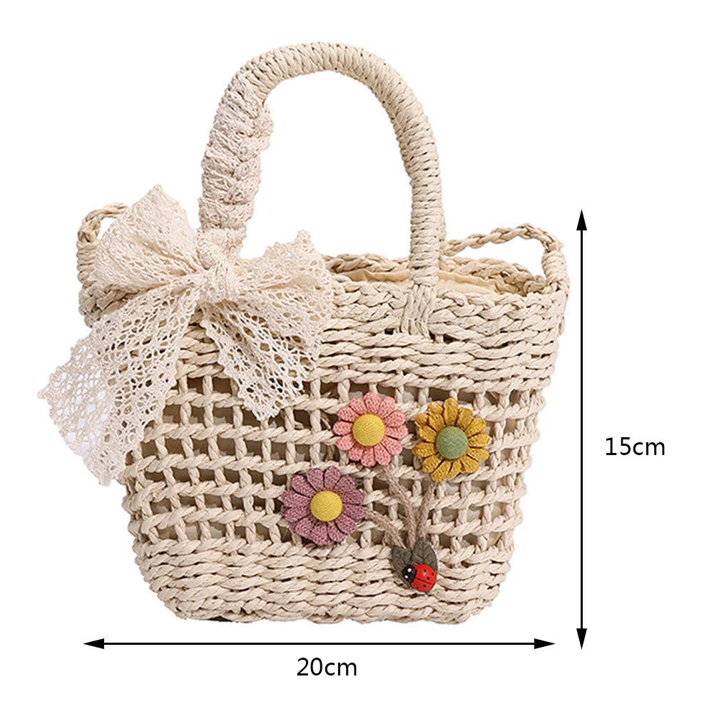 Lace Bow Flower Straw Handbag Women Shoulder Bags Messenger Bag Purse