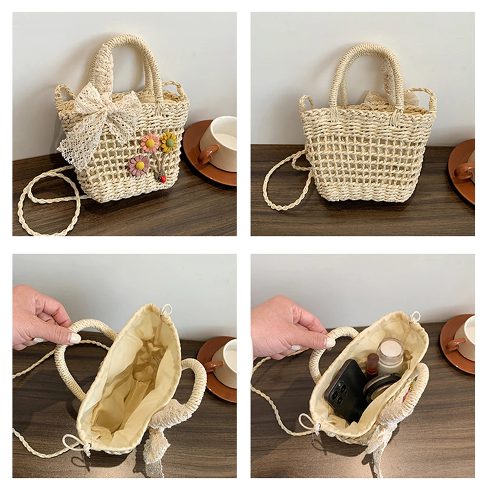 Lace Bow Flower Straw Handbag Women Shoulder Bags Messenger Bag Purse