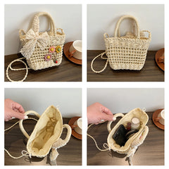 Lace Bow Flower Straw Handbag Women Shoulder Bags Messenger Bag Purse