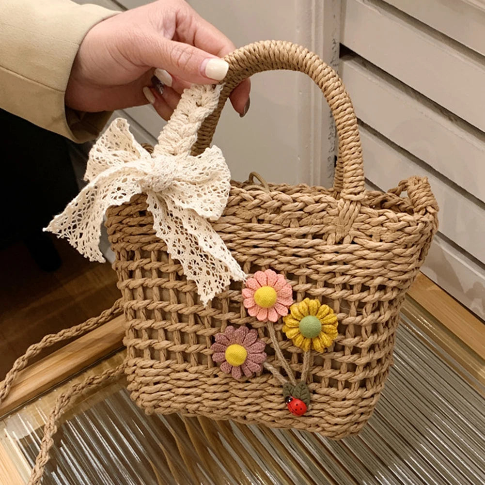 Lace Bow Flower Straw Handbag Women Shoulder Bags Messenger Bag Purse