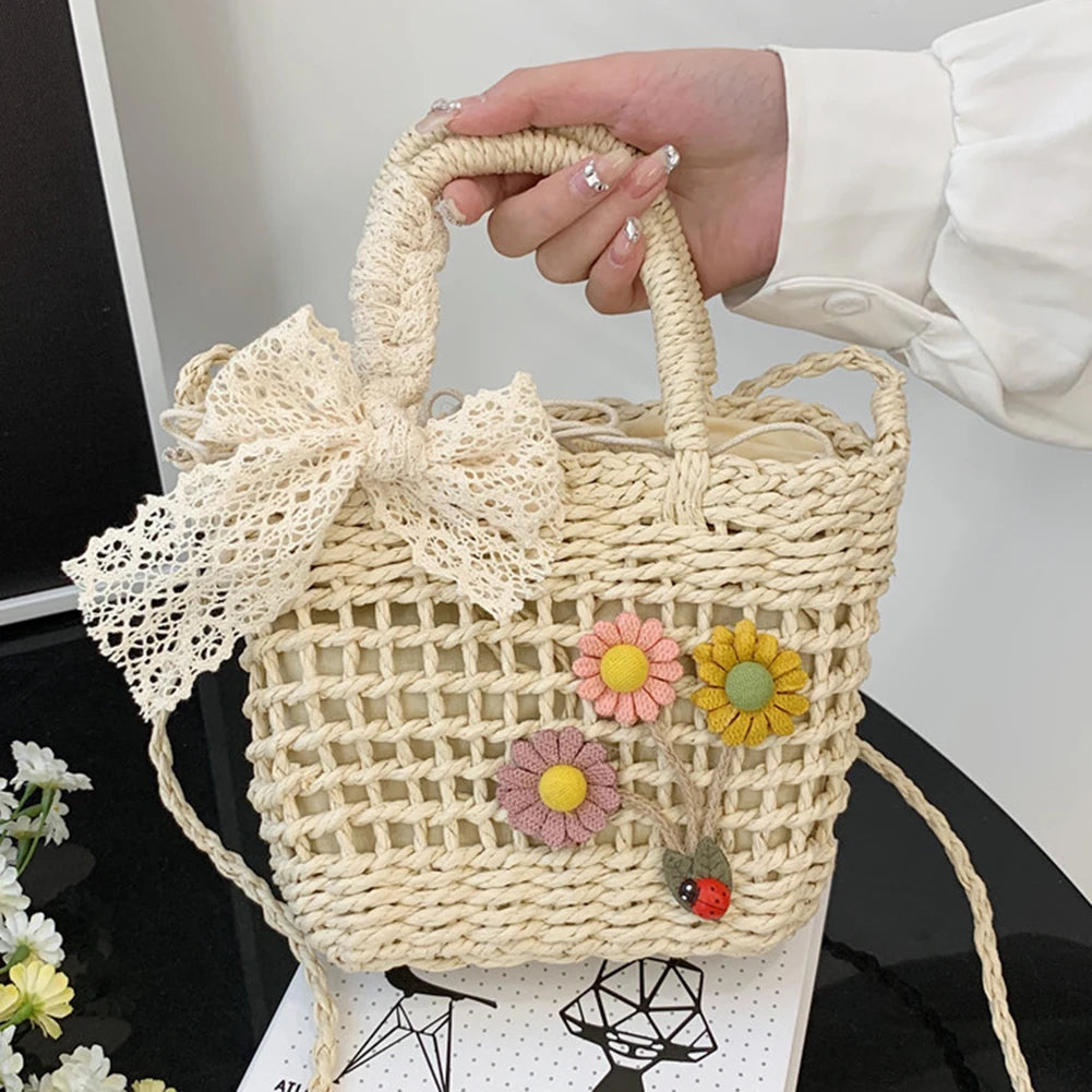 Lace Bow Flower Straw Handbag Women Shoulder Bags Messenger Bag Purse