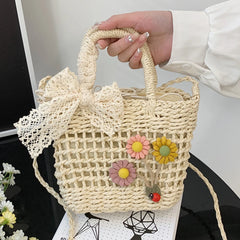 Lace Bow Flower Straw Handbag Women Shoulder Bags Messenger Bag Purse