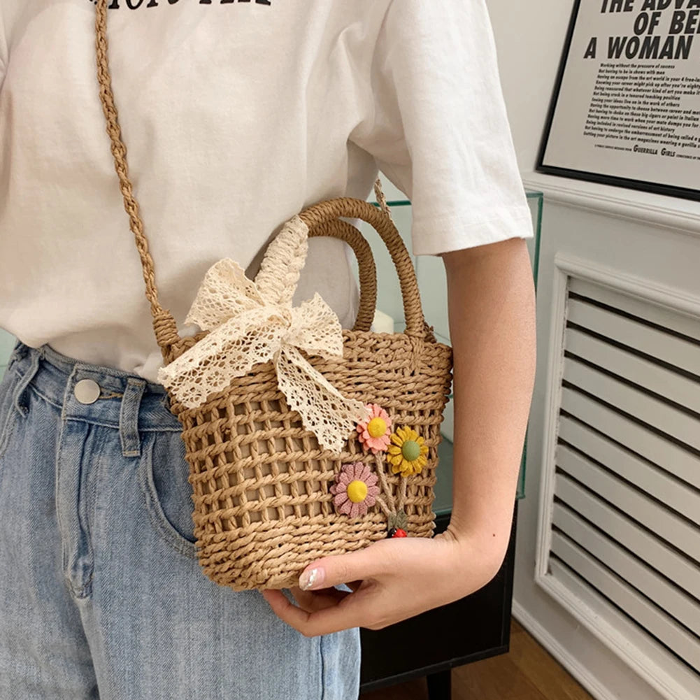 Lace Bow Flower Straw Handbag Women Shoulder Bags Messenger Bag Purse