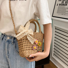 Lace Bow Flower Straw Handbag Women Shoulder Bags Messenger Bag Purse