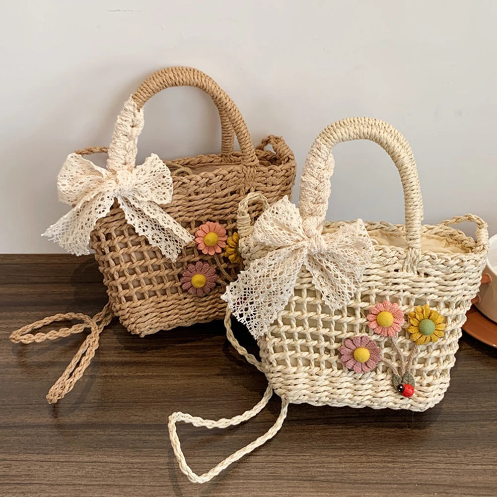 Lace Bow Flower Straw Handbag Women Shoulder Bags Messenger Bag Purse