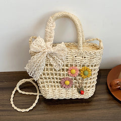 Lace Bow Flower Straw Handbag Women Shoulder Bags Messenger Bag Purse