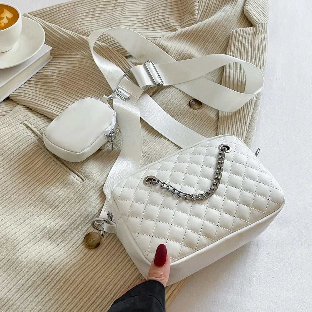 Women PU Leather Chain Shoulder Bag Rhombic Lattice Handbag