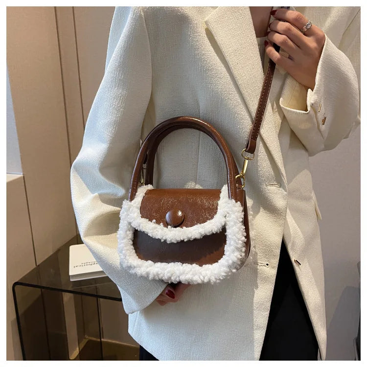 Winter Small Tote Panelled Faux Fur Purse PU Leather Shoulder Bag
