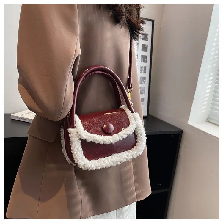 Winter Small Tote Panelled Faux Fur Purse PU Leather Shoulder Bag