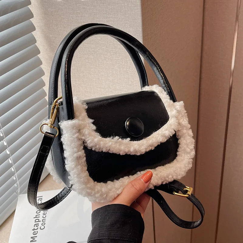 Winter Small Tote Panelled Faux Fur Purse PU Leather Shoulder Bag