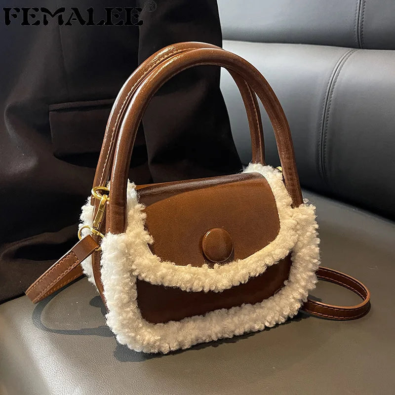 Winter Small Tote Panelled Faux Fur Purse PU Leather Shoulder Bag