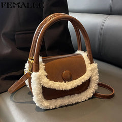 Winter Small Tote Panelled Faux Fur Purse PU Leather Shoulder Bag