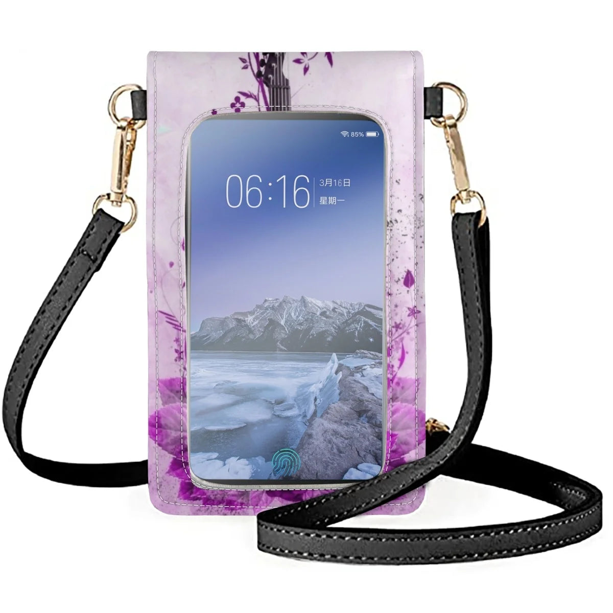 Guitar Bass Pattern Phone Bag Rose Shoulder Ladies Travel Pouch