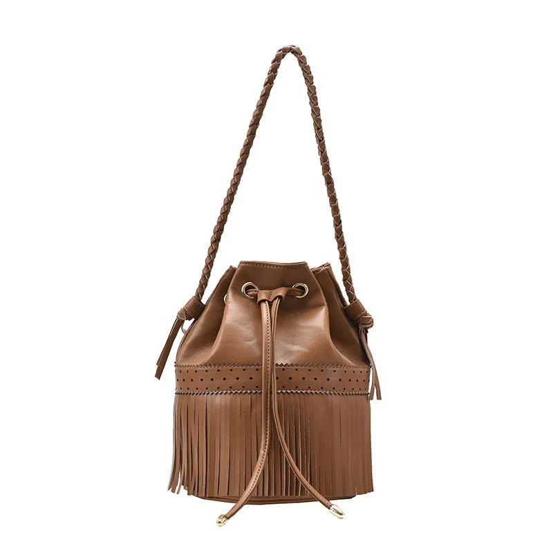 Fringe Women's Shoulder Bag PU Leather Crossbody Bucket Handbag