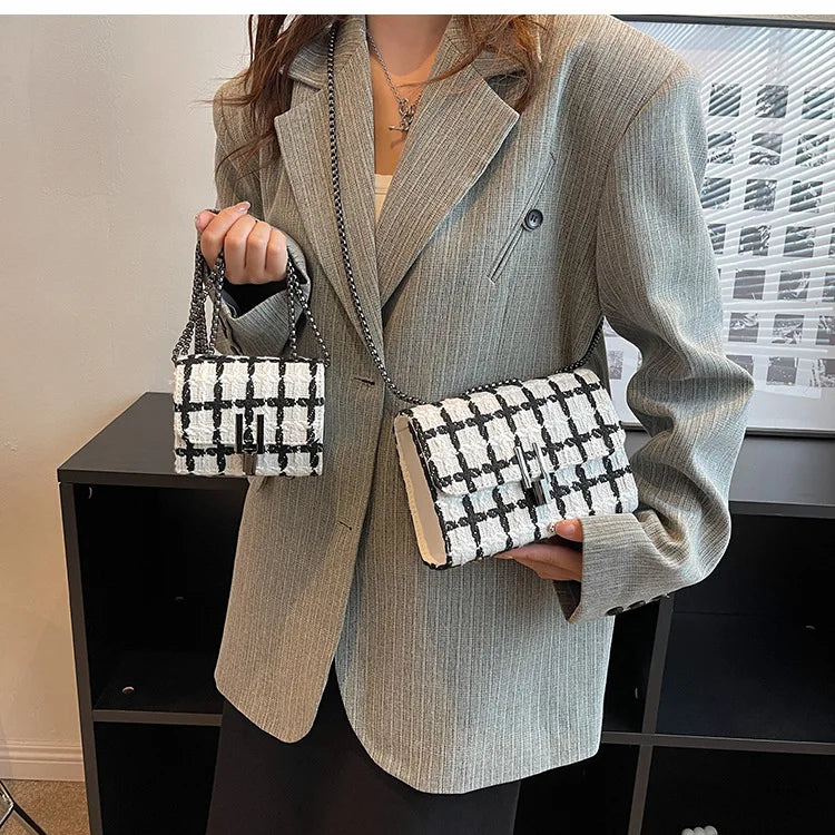 Famous Woolen Tweed Handbags Lock Purse Knit Shoulder Bags