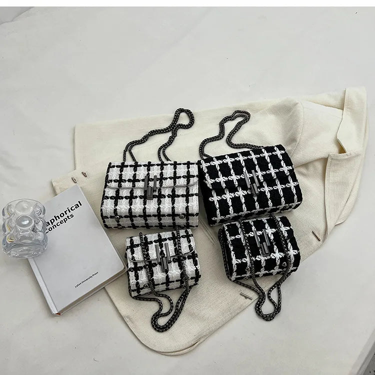 Famous Woolen Tweed Handbags Lock Purse Knit Shoulder Bags