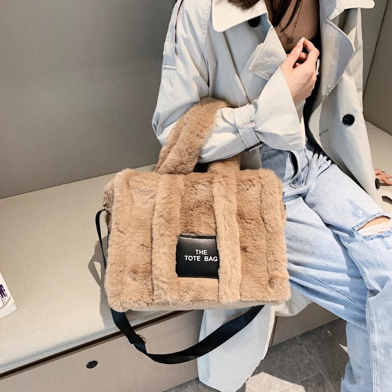 Faux Fur Tote Handbag for Women Shoulder Bag Plush Messenger Crossbody Purse