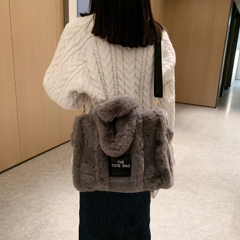 Faux Fur Tote Handbag for Women Shoulder Bag Plush Messenger Crossbody Purse