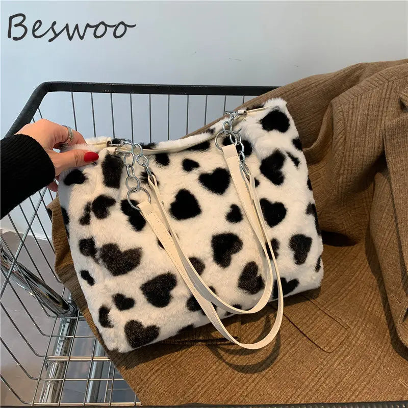 Fluffy Tote Bag Heart Prints Soft Bags Casual Women's Bag
