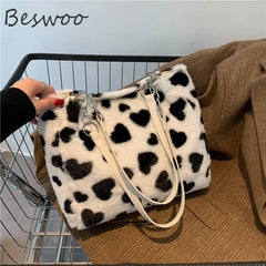 Fluffy Tote Bag Heart Prints Soft Bags Casual Women's Bag