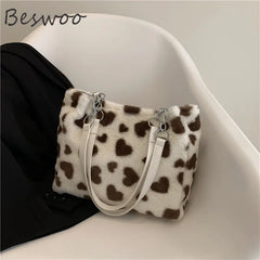 Fluffy Tote Bag Heart Prints Soft Bags Casual Women's Bag